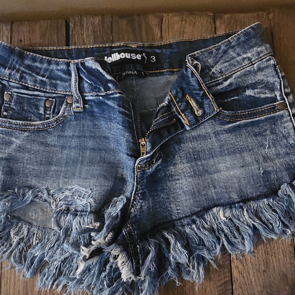 Dollhouse Blue Distressed Jean Shorts with Frayed Hem